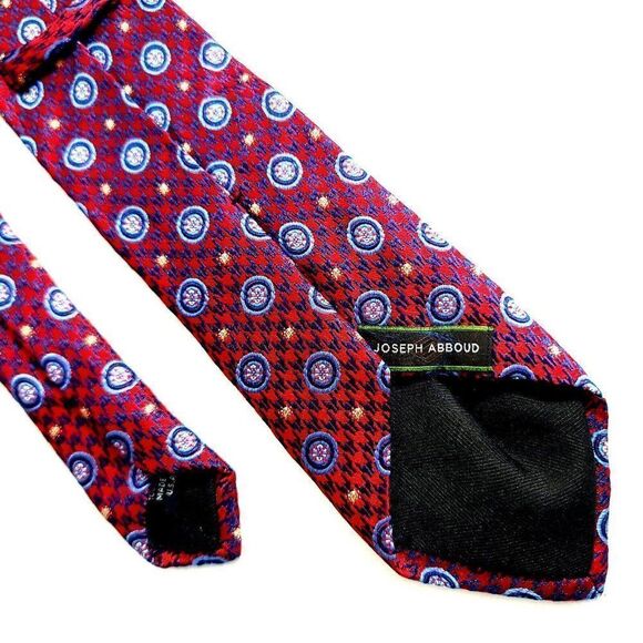 Joseph Abboud Red Herringbone Floral Geometric Blue Woven Short Skinny Silk Tie - Picture 5 of 7